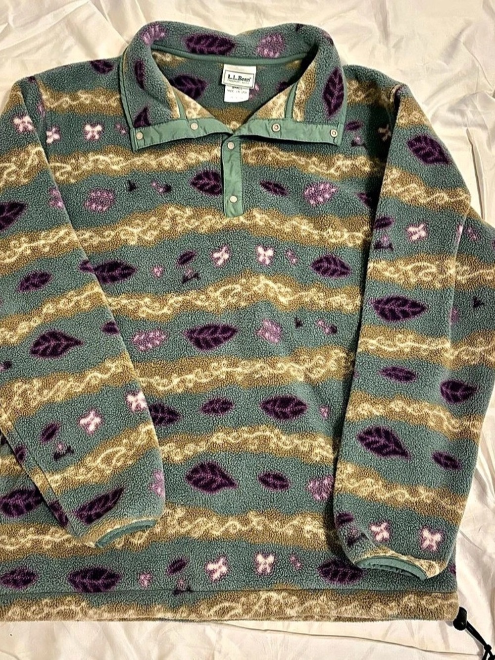 L.L.Bean Vintage Snap-T Fleece Pullover Leaf Print made in Maine USA